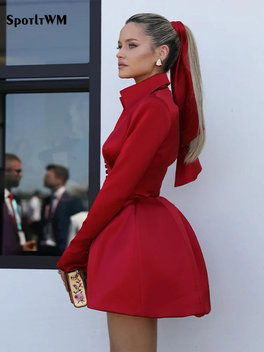 Women Elegant Casual Red Short Dress Sexy Long Sleeved High Lapel Neck