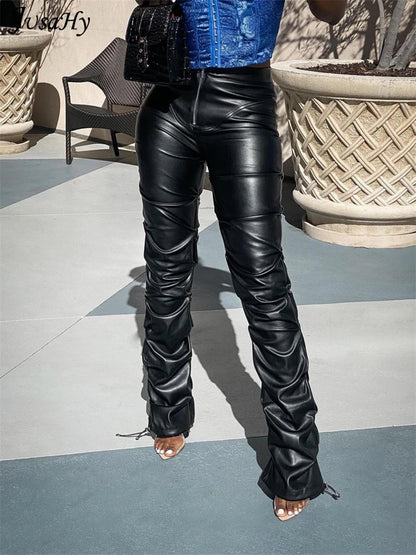 Lavish Faux PU Leather Pleated High Waist Black Stacked Pant