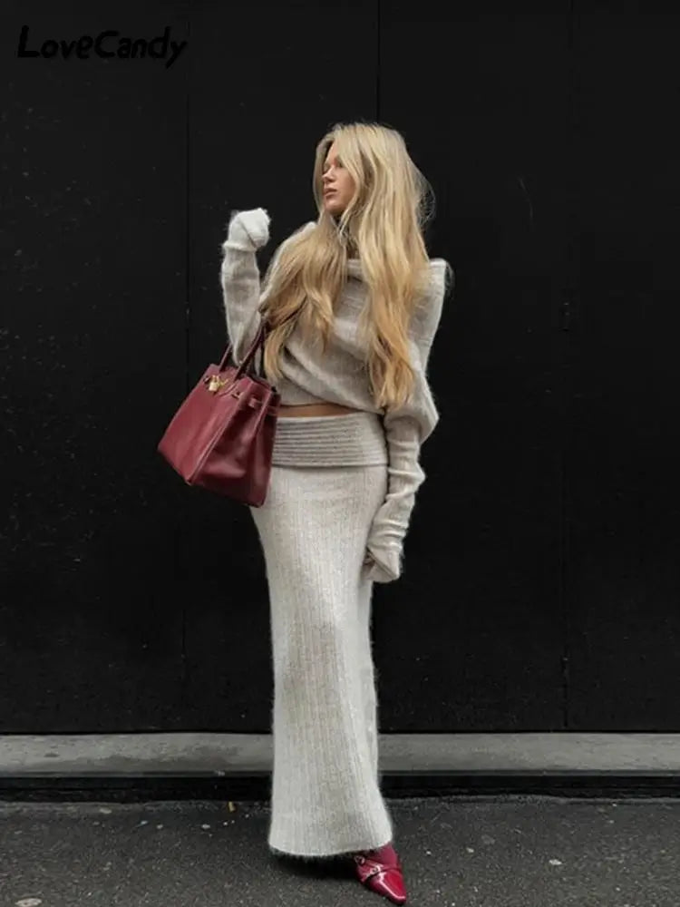 Lavish women Fashion Two Piece Knitted Skirt Set Sexy Slash Neck Long Sleeve Sweater